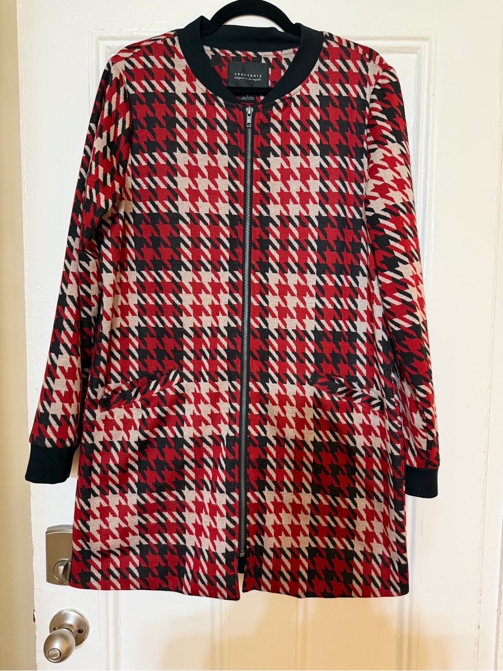 Sanctuary Red and Black Houndstooth Bomber Jacket